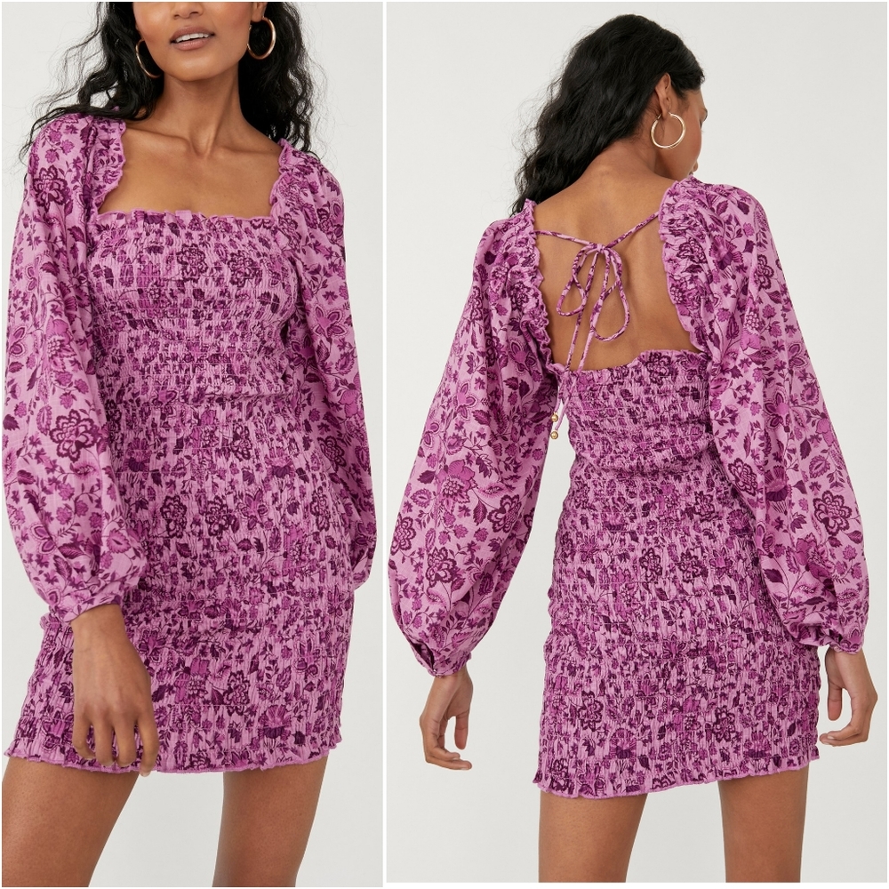 Free People Pink Floral Smocked Mini Dress